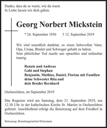 Traueranzeige von Georg Norbert Mickstein  von Magdeburger Volksstimme