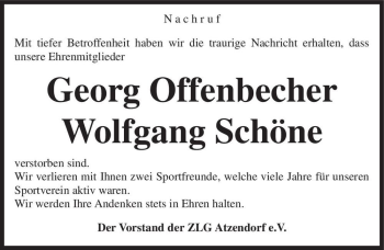 Traueranzeige von Georg Offenbecher und Wolfgang Schöne  von Magdeburger Volksstimme