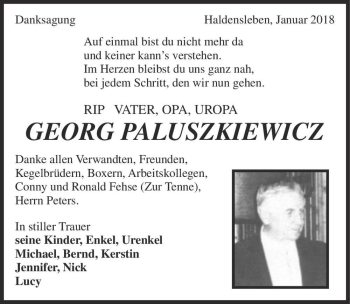 Traueranzeige von Georg Paluszkiewicz  von Magdeburger Volksstimme