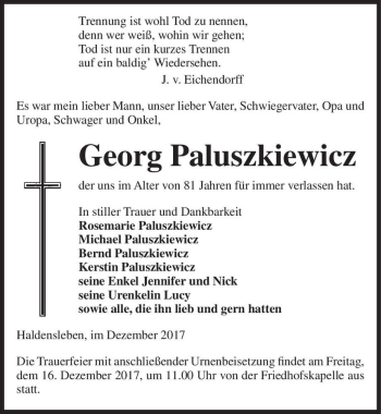 Traueranzeige von Georg Paluszkiewicz  von Magdeburger Volksstimme