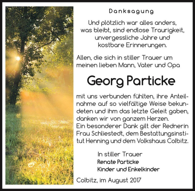  Traueranzeige für Georg Particke  vom 25.08.2017 aus Magdeburger Volksstimme
