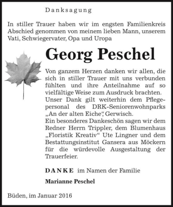 Traueranzeige von Georg Peschel  von Magdeburger Volksstimme