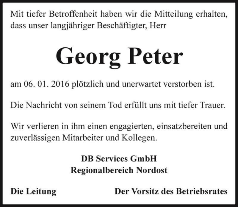  Traueranzeige für Georg Peter  vom 27.01.2016 aus Magdeburger Volksstimme