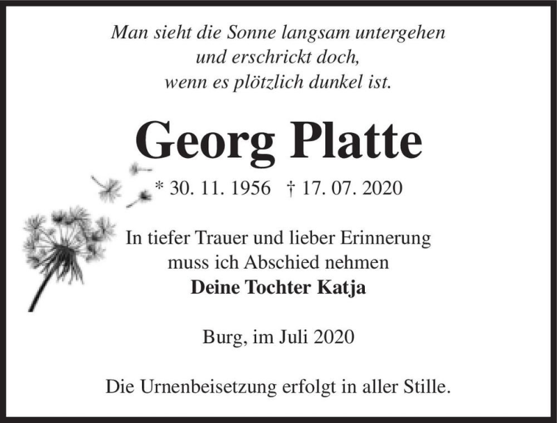  Traueranzeige für Georg Platte  vom 25.07.2020 aus Magdeburger Volksstimme