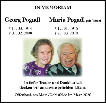 Traueranzeige von Georg Pogadl & Maria Pogadl (geb. Wenzl)  von Magdeburger Volksstimme