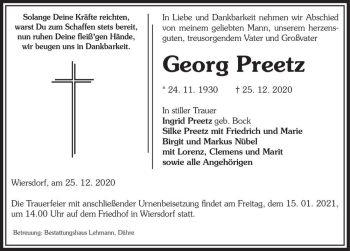 Traueranzeige von Georg Preetz  von Magdeburger Volksstimme