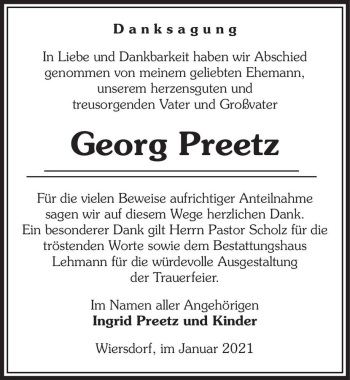 Traueranzeige von Georg Preetz  von Magdeburger Volksstimme