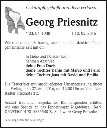 Traueranzeige von Georg Priesnitz  von Magdeburger Volksstimme