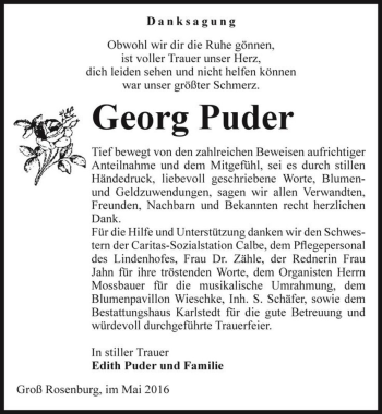 Traueranzeige von Georg Puder  von Magdeburger Volksstimme