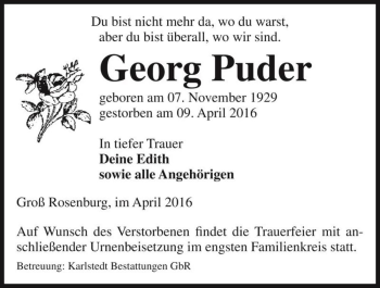 Traueranzeige von Georg Puder  von Magdeburger Volksstimme