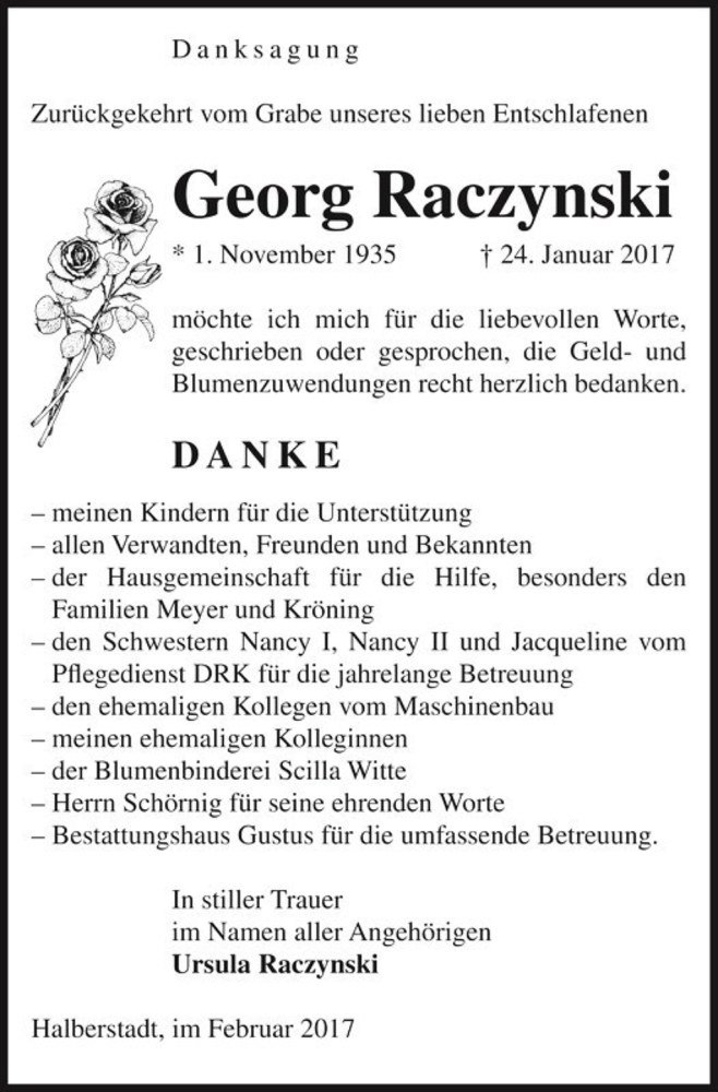  Traueranzeige für Georg Raczynski  vom 25.02.2017 aus Magdeburger Volksstimme