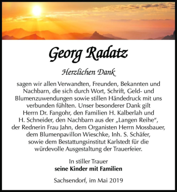 Traueranzeige von Georg Radatz  von Magdeburger Volksstimme