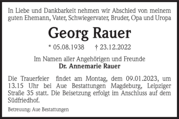 Traueranzeige von Georg Rauer  von Magdeburger Volksstimme