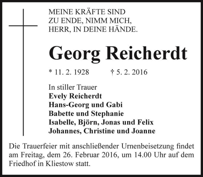  Traueranzeige für Georg Reicherdt  vom 13.02.2016 aus Magdeburger Volksstimme