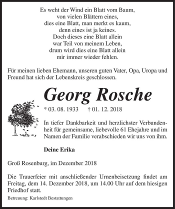 Traueranzeige von Georg Rosche  von Magdeburger Volksstimme