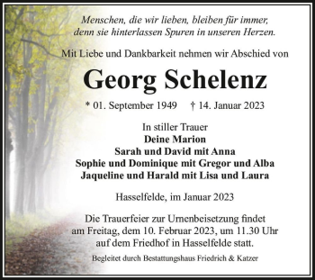 Traueranzeige von Georg Schelenz  von Magdeburger Volksstimme