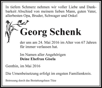Traueranzeige von Georg Schenk  von Magdeburger Volksstimme