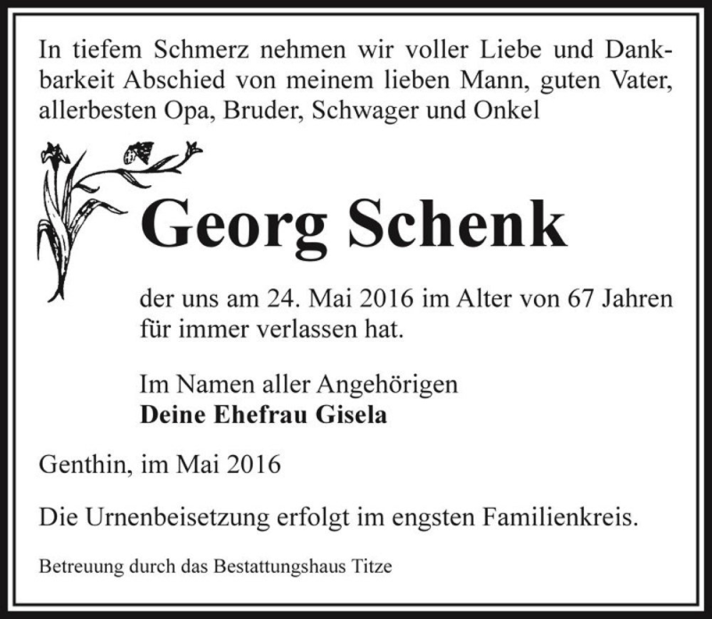  Traueranzeige für Georg Schenk  vom 28.05.2016 aus Magdeburger Volksstimme