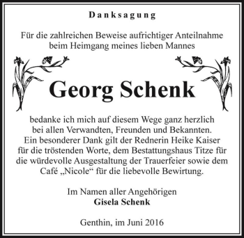 Traueranzeige von Georg Schenk  von Magdeburger Volksstimme