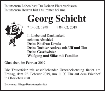 Traueranzeige von Georg Schicht  von Magdeburger Volksstimme