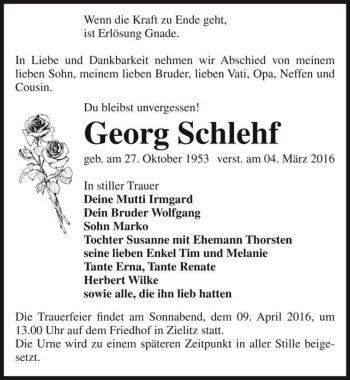 Traueranzeige von Georg Schlehf  von Magdeburger Volksstimme
