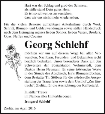 Traueranzeige von Georg Schlehf  von Magdeburger Volksstimme