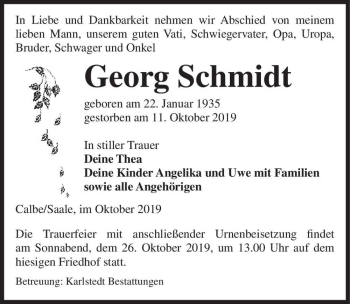Traueranzeige von Georg Schmidt  von Magdeburger Volksstimme
