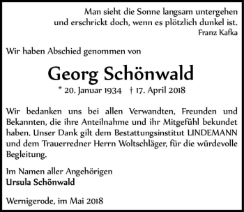 Traueranzeige von Georg Schönwald  von Magdeburger Volksstimme