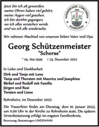 Traueranzeige von Georg Schützenmeister “Schorse“  von Magdeburger Volksstimme