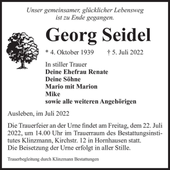 Traueranzeige von Georg Seidel  von Magdeburger Volksstimme