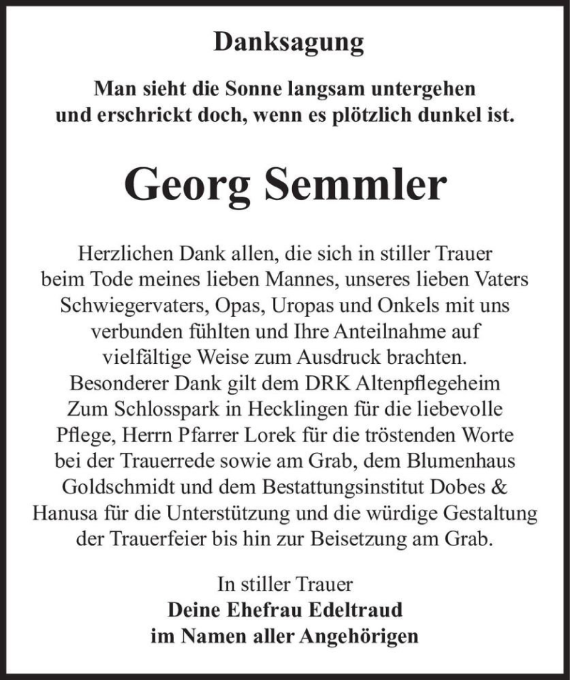  Traueranzeige für Georg Semmler  vom 11.12.2021 aus Magdeburger Volksstimme