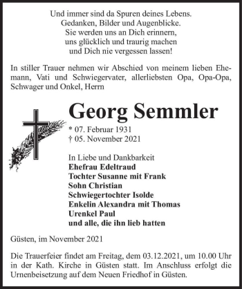 Traueranzeige von Georg Semmler  von Magdeburger Volksstimme
