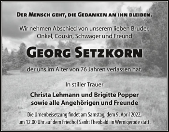 Traueranzeige von Georg Setzkorn  von Magdeburger Volksstimme