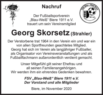 Traueranzeige von Georg Skorsetz 