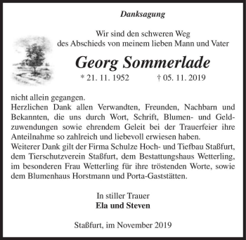 Traueranzeige von Georg Sommerlade  von Magdeburger Volksstimme