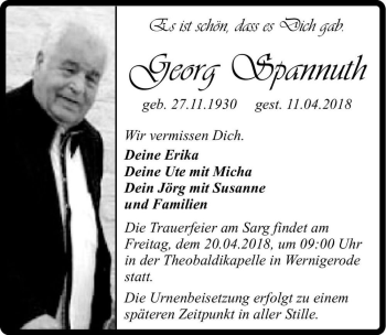 Traueranzeige von Georg Spannuth  von Magdeburger Volksstimme