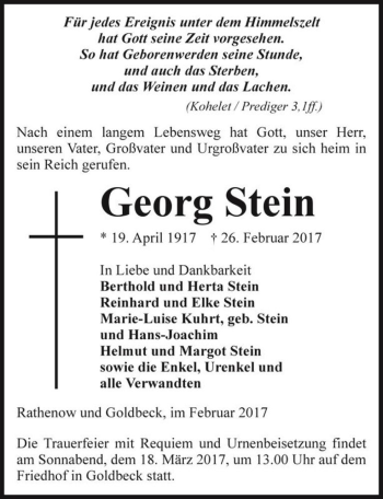 Traueranzeige von Georg Stein  von Magdeburger Volksstimme