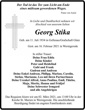 Traueranzeige von Georg Stika  von Magdeburger Volksstimme