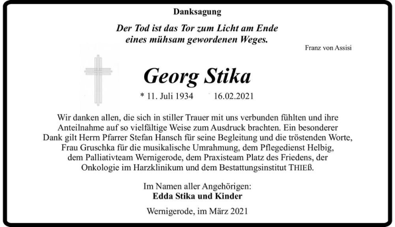  Traueranzeige für Georg Stika  vom 13.03.2021 aus Magdeburger Volksstimme