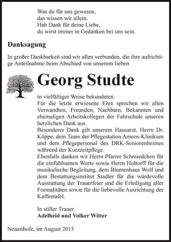 Traueranzeige von Georg Studte  von Magdeburger Volksstimme