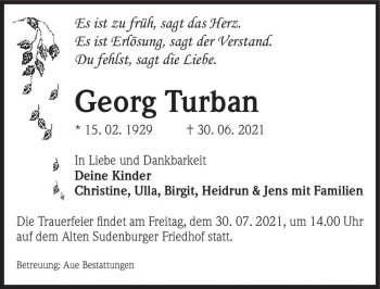 Traueranzeige von Georg Turban  von Magdeburger Volksstimme