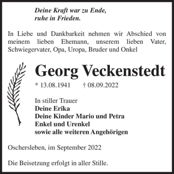 Traueranzeige von Georg Veckenstedt  von Magdeburger Volksstimme