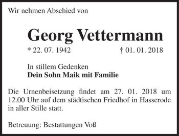 Traueranzeige von Georg Vettermann  von Magdeburger Volksstimme