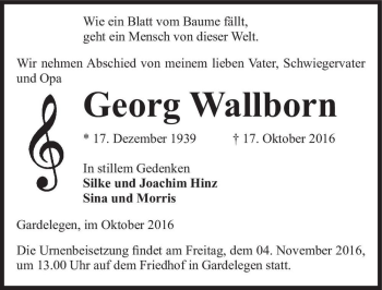 Traueranzeige von Georg Wallborn  von Magdeburger Volksstimme