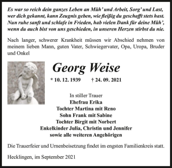 Traueranzeige von Georg Weise  von Magdeburger Volksstimme
