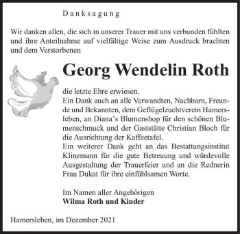 Traueranzeige von Georg Wendelin Roth  von Magdeburger Volksstimme