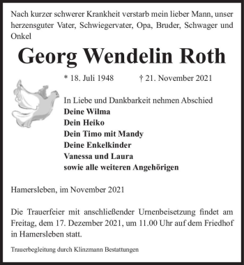 Traueranzeige von Georg Wendelin Roth  von Magdeburger Volksstimme