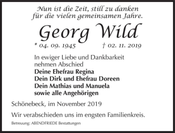 Traueranzeige von Georg Wild  von Magdeburger Volksstimme