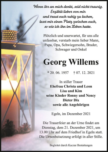 Traueranzeige von Georg Willems  von Magdeburger Volksstimme