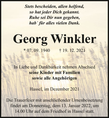 Traueranzeige von Georg Winkler  von Magdeburger Volksstimme